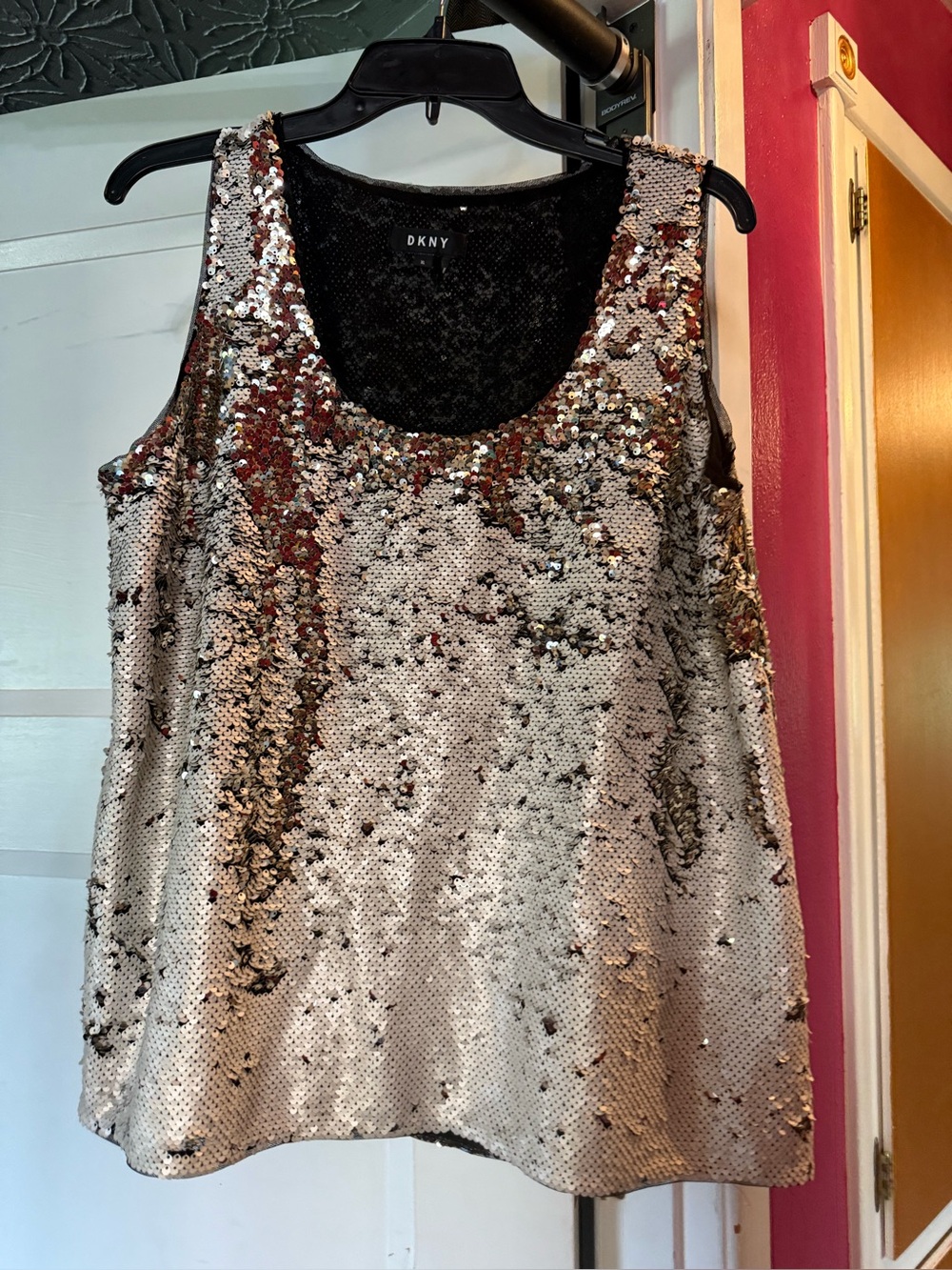 DKNY Black Sheer Mesh Top with Subtle Metallic Sparkle